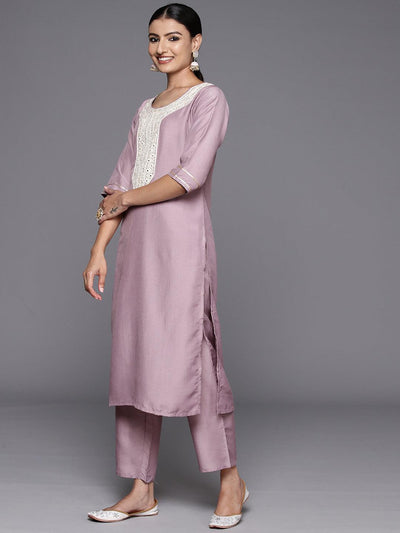 Mauve Yoke Design Silk Blend Straight Kurta With Trousers & Dupatta - Libas