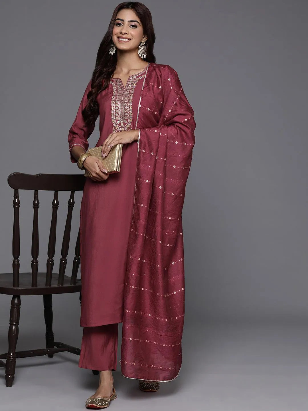 Mauve Yoke Design Silk Blend Straight Kurta With Trousers & Dupatta - Libas 