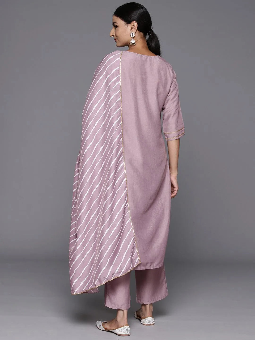 Mauve Yoke Design Silk Blend Straight Kurta With Trousers & Dupatta - Libas 