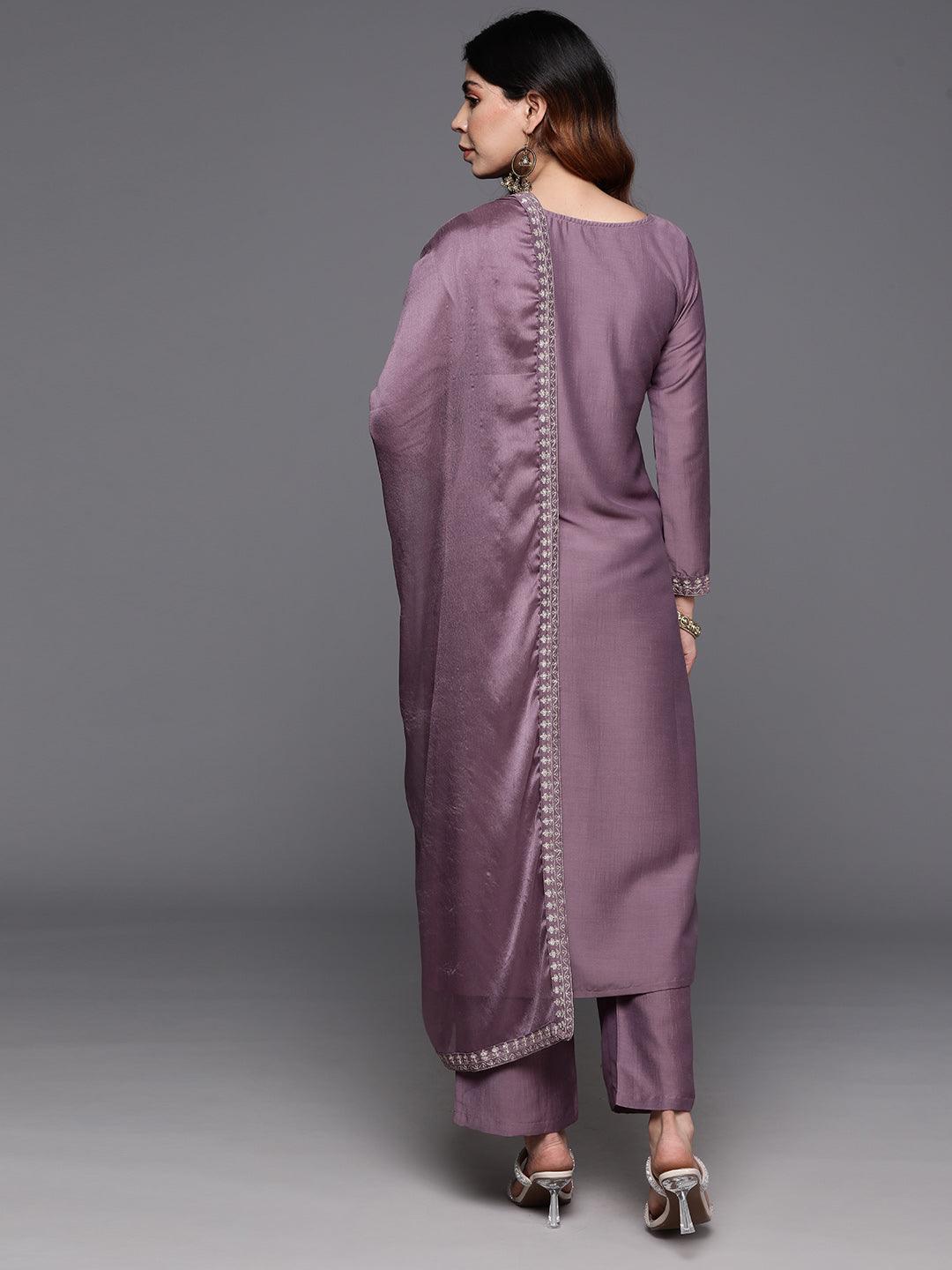 Mauve Yoke Design Silk Blend Straight Suit With Dupatta - Libas