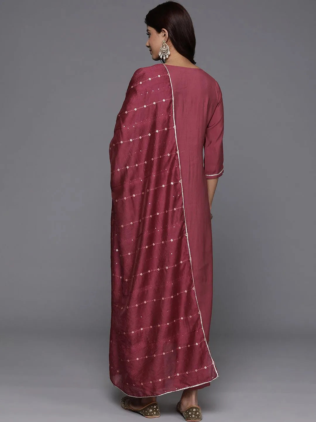 Mauve Yoke Design Silk Blend Straight Kurta With Trousers & Dupatta - Libas 