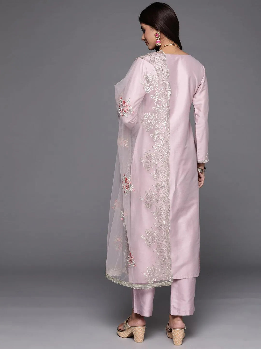 Mauve Yoke Design Silk Blend Straight Kurta With Trousers & Dupatta - Libas 