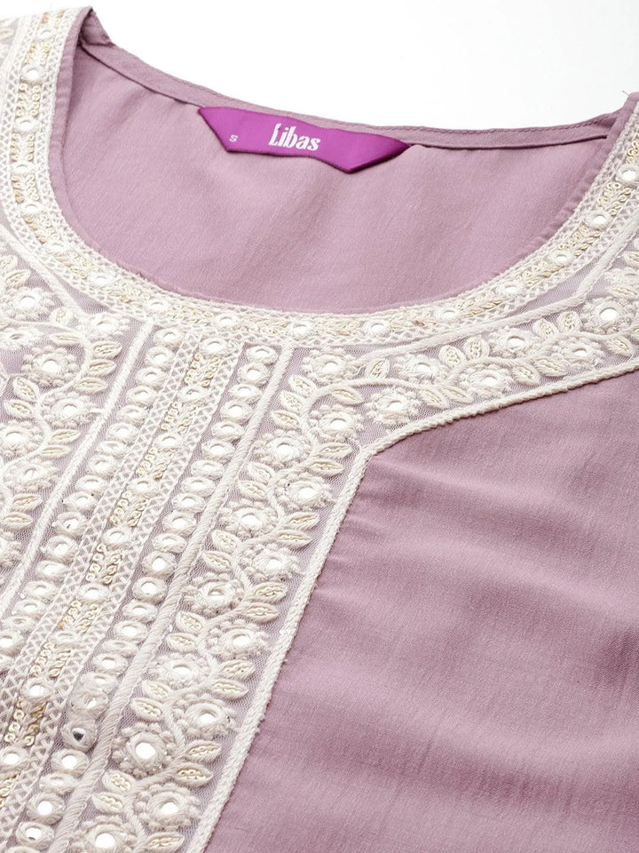 Mauve Yoke Design Silk Blend Straight Kurta With Trousers & Dupatta - Libas