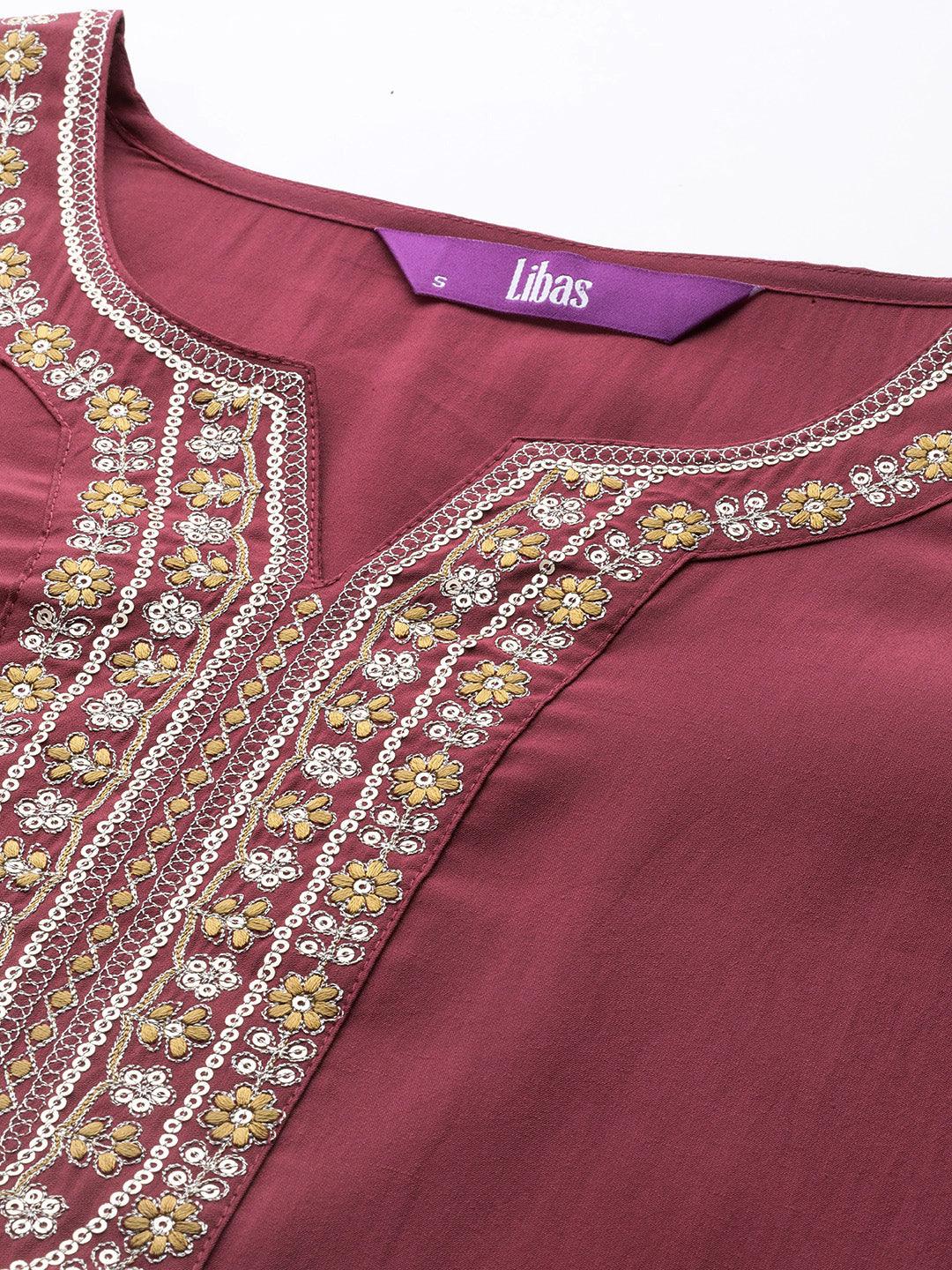 Mauve Yoke Design Silk Blend Straight Suit With Dupatta