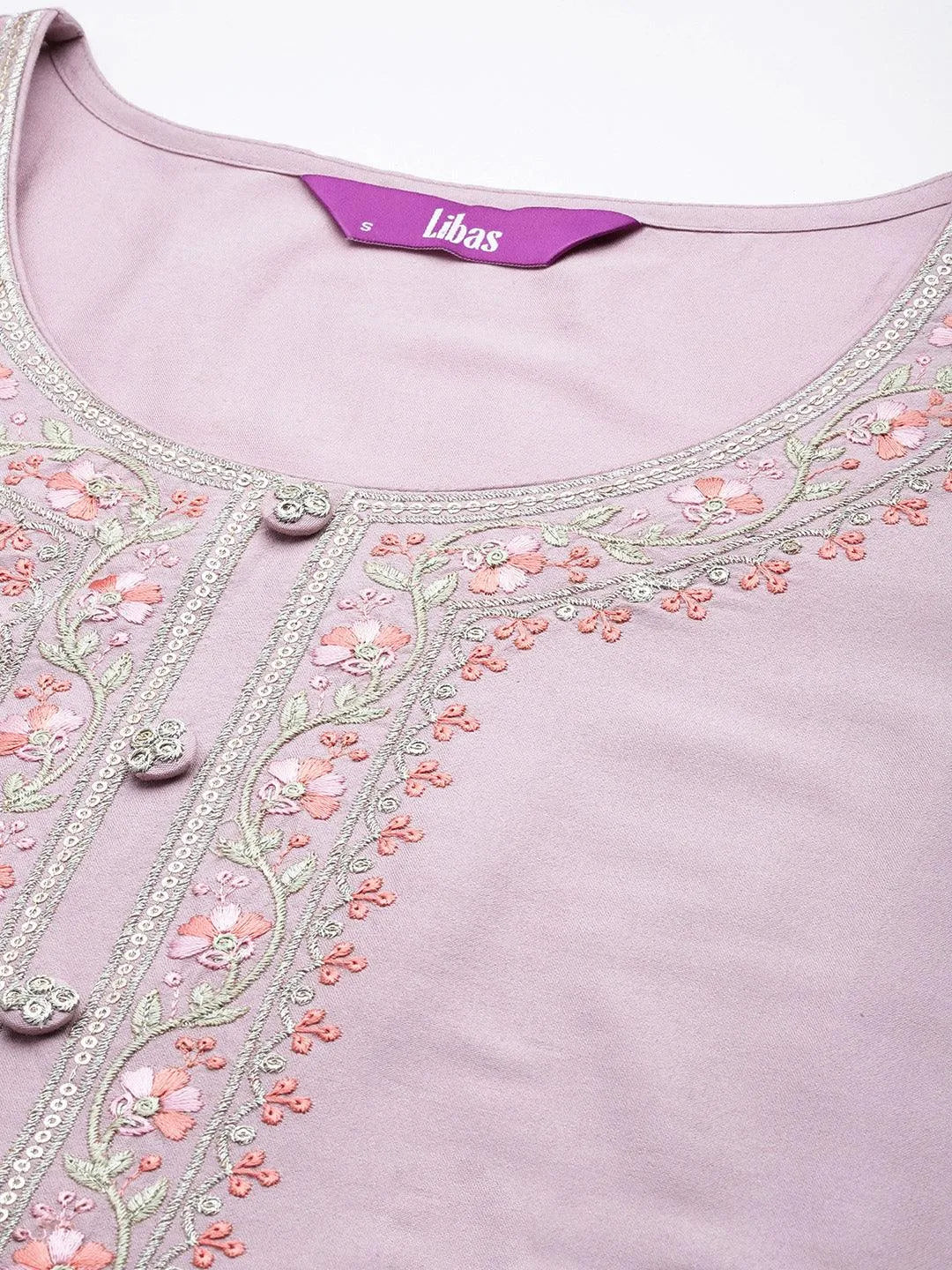 Mauve Yoke Design Silk Blend Straight Kurta With Trousers & Dupatta - Libas 