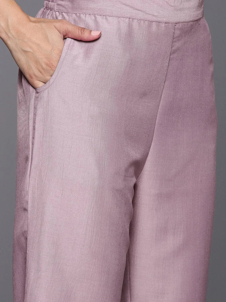 Mauve Yoke Design Silk Blend Straight Kurta With Trousers & Dupatta - Libas