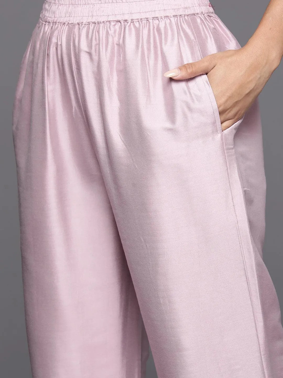 Mauve Yoke Design Silk Blend Straight Kurta With Trousers & Dupatta - Libas 
