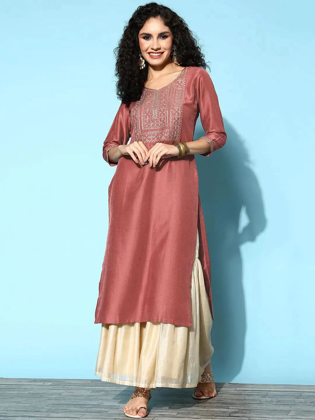 Mauve Yoke Design Silk Straight Kurta - Libas