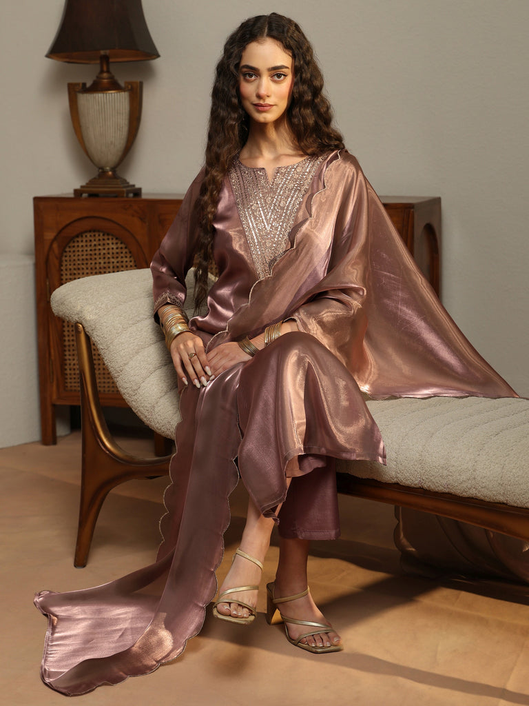 Gerua Mauve Yoke Design Tissue Straight Suit Set