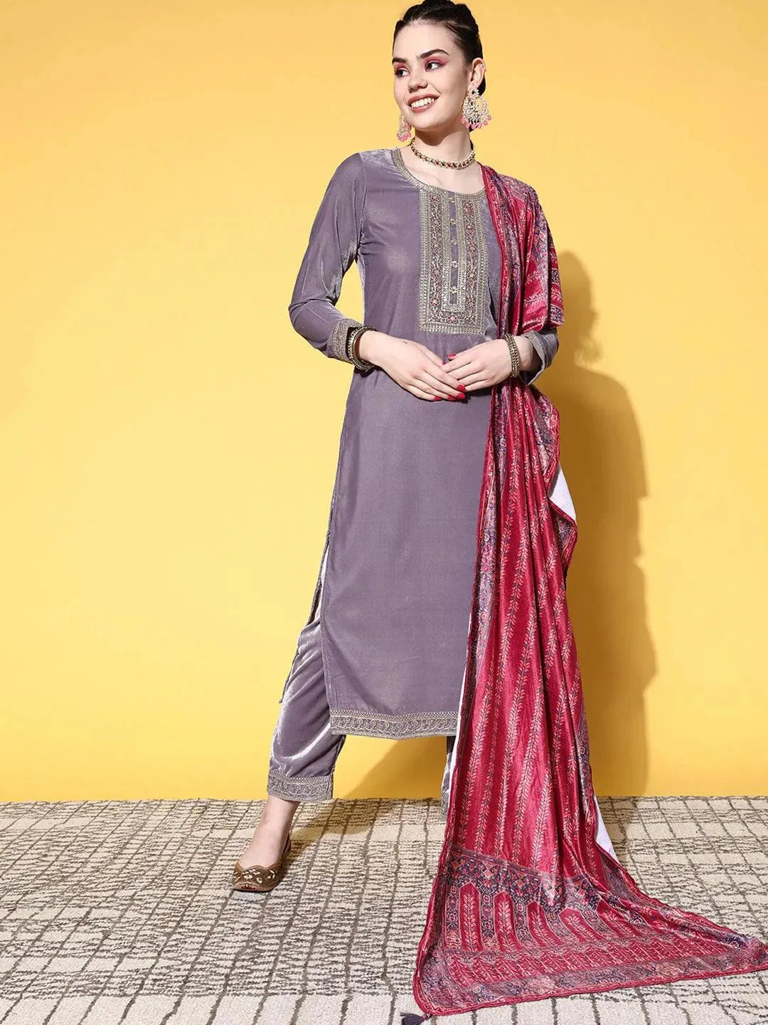 Mauve Yoke Design Velvet Straight Suit Set - Libas