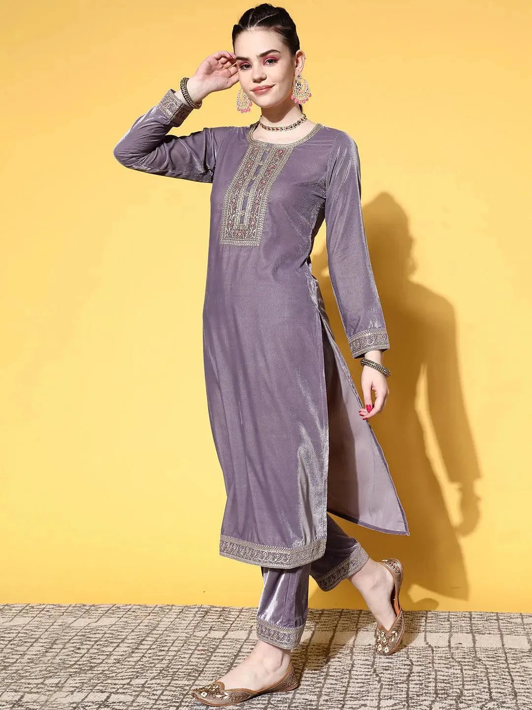 Mauve Yoke Design Velvet Straight Suit Set - Libas