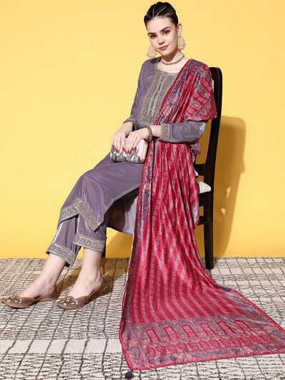 Mauve Yoke Design Velvet Straight Suit Set - Libas