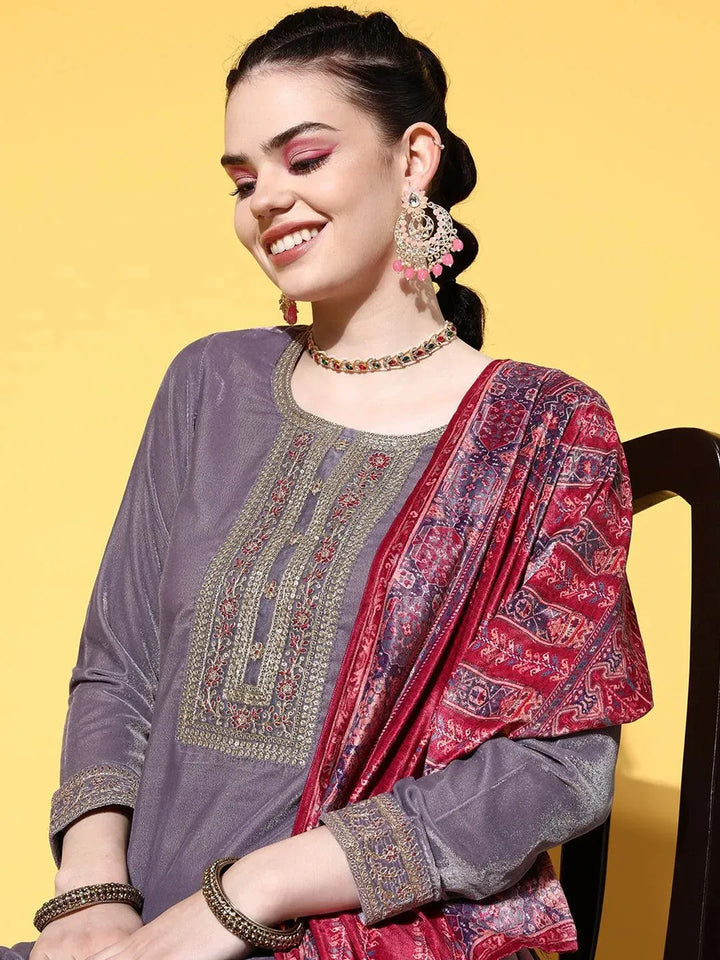 Mauve Yoke Design Velvet Straight Suit Set - Libas