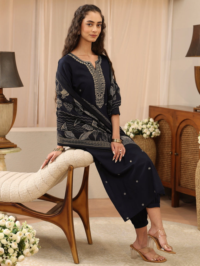 Libas Midnight Blue Embellished Yoke Rayon Straight Suit Set