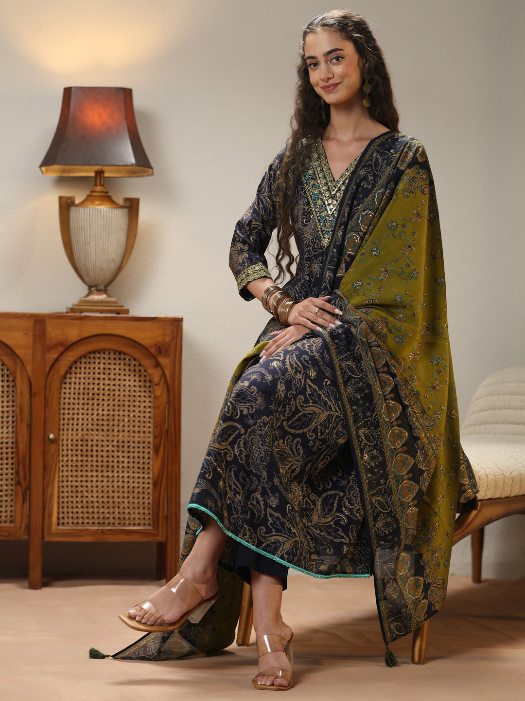  Midnight Blue Floral Printed Silk Blend Anarkali Suit Set 