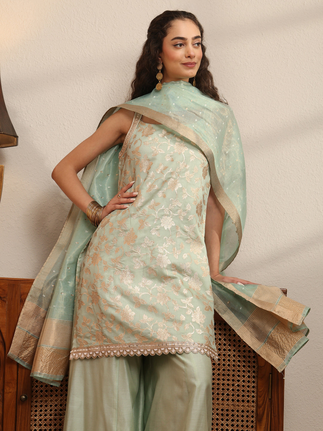  Mint Blue Woven Design Chanderi Silk Sleeveless Palazzo Suit Set 