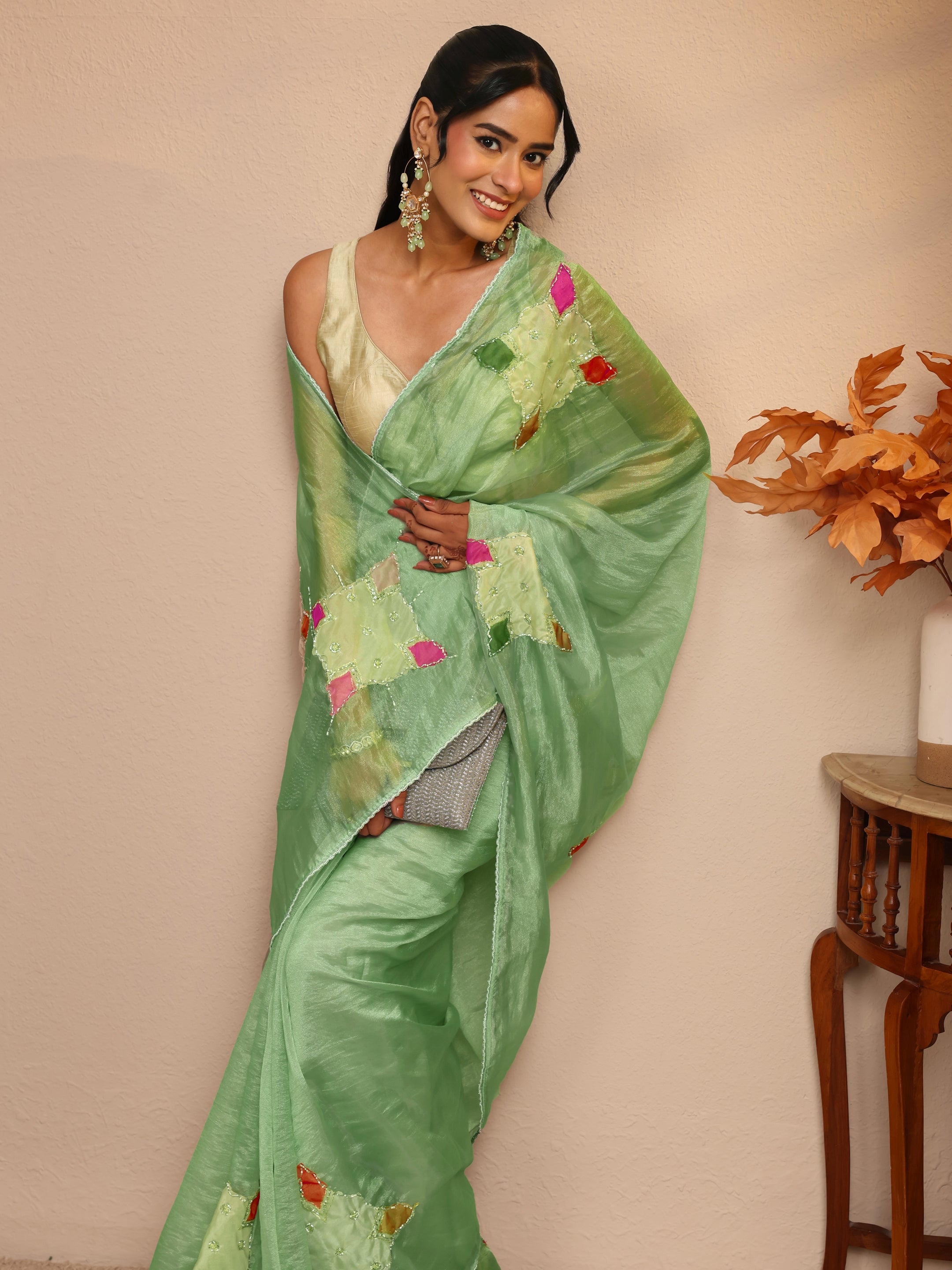libas Mint Green Applique Embellished Organza Saree-picture-24