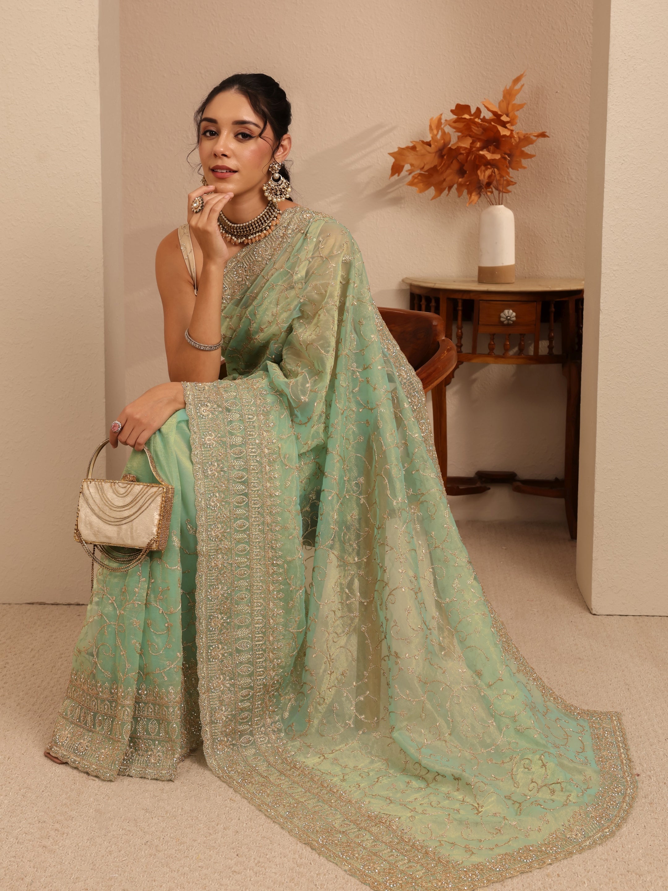 libas Mint Green Floral Embroidered Net Saree-picture-25