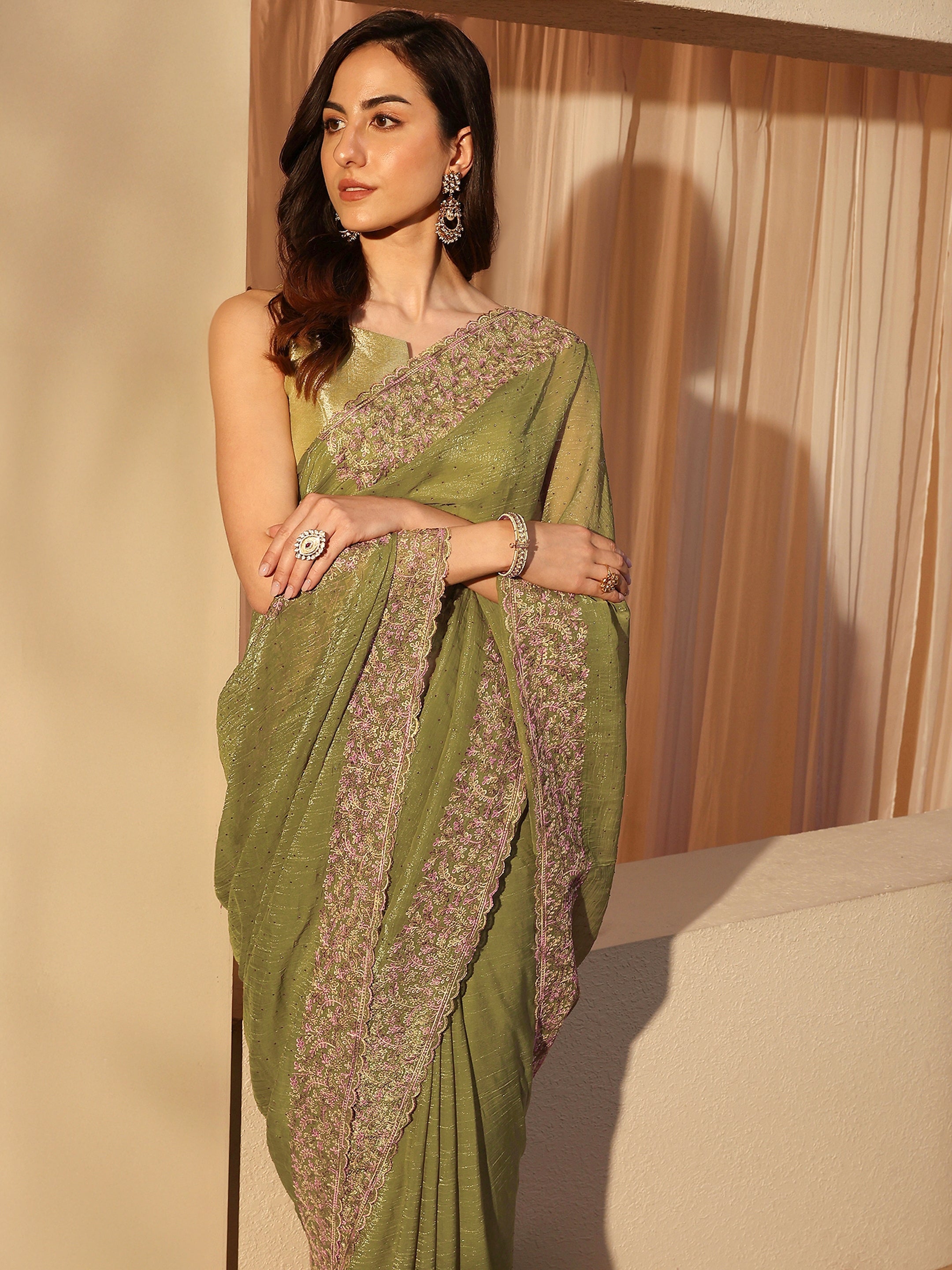 libas Moss Green Embellished Tissue Saree-picture-56