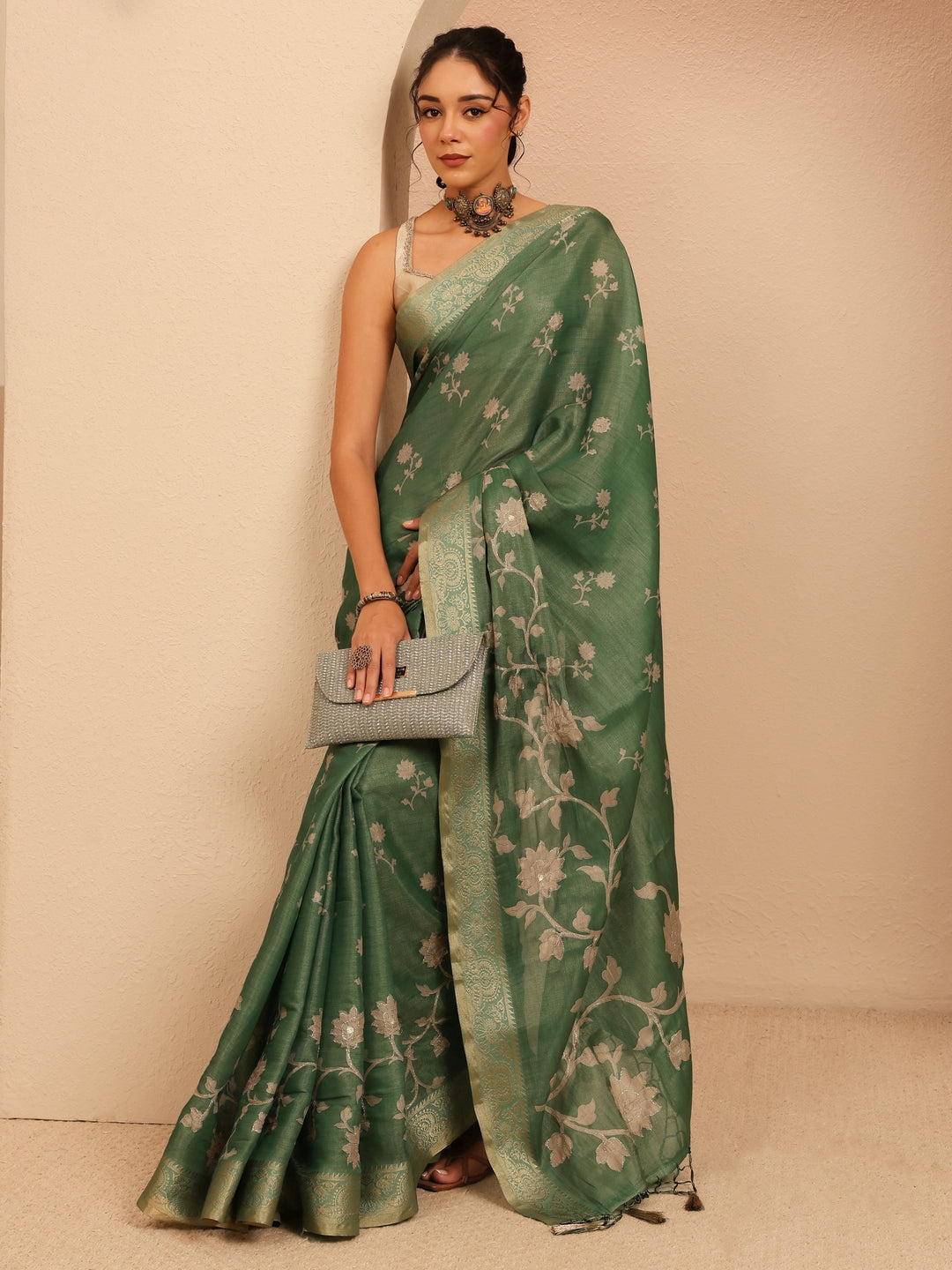  Moss Green Floral Printed Silk Blend Saree 