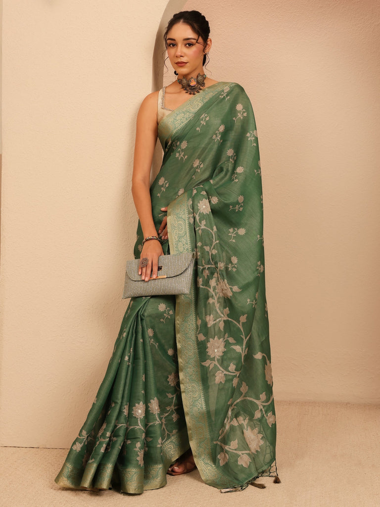 Libas Moss Green Floral Printed Silk Blend Saree