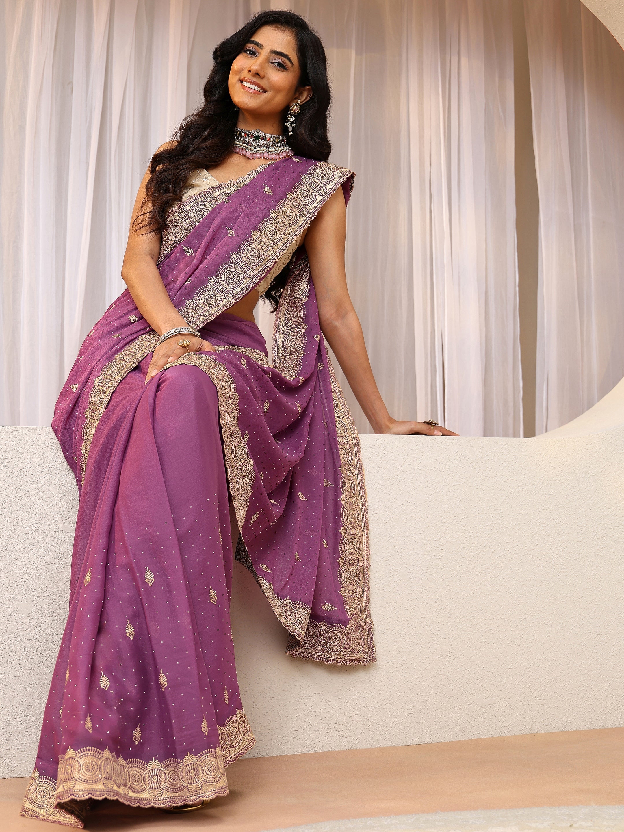 Mulberry Purple Tissue Saree With Embellished Border-image-22