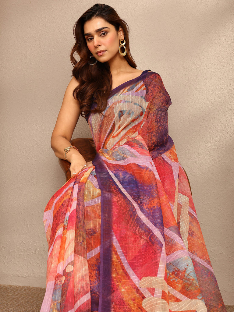 Libas Multi Abstract Printed Cotton Blend Saree With Unstitched Blouse Piece