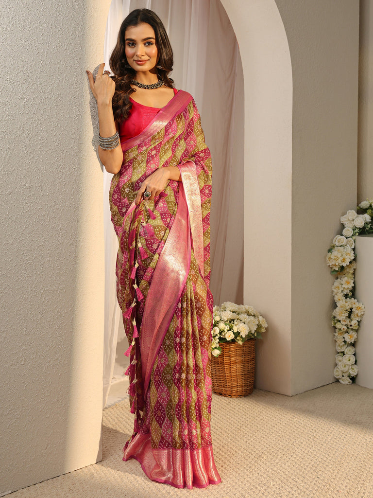 Libas Multi Bandhani Printed Chiffon Saree With Unstitched Blouse Piece