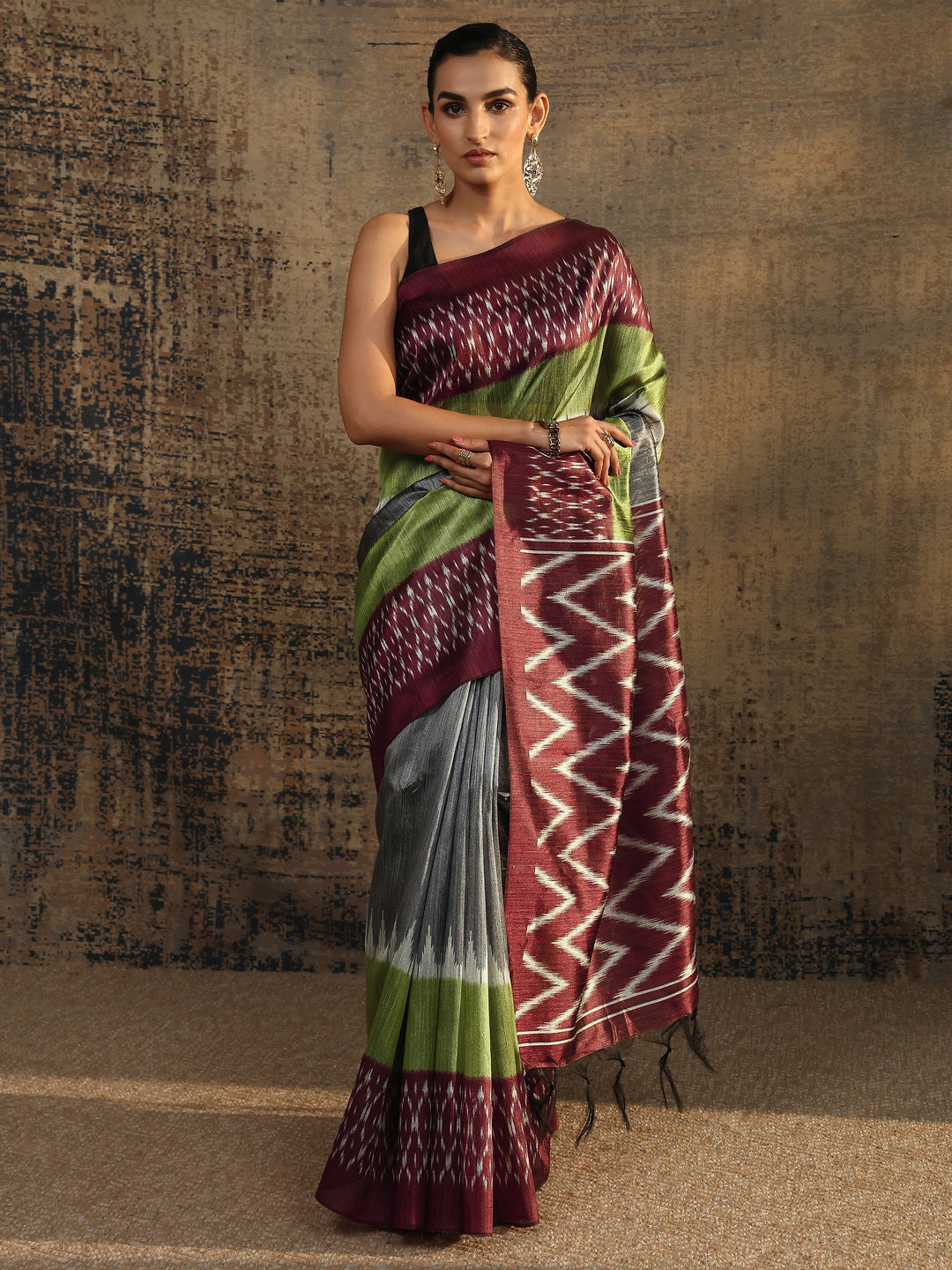 Multi Chevron Printed Silk Saree With Unstitched Blouse Piece
