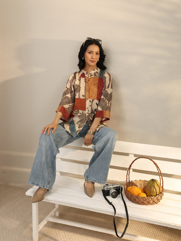 Libas Multi Colour Floral Printed Linen Shirt