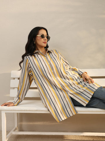 Libas Multi Coloured Striped Printed Cotton Blend Shirt
