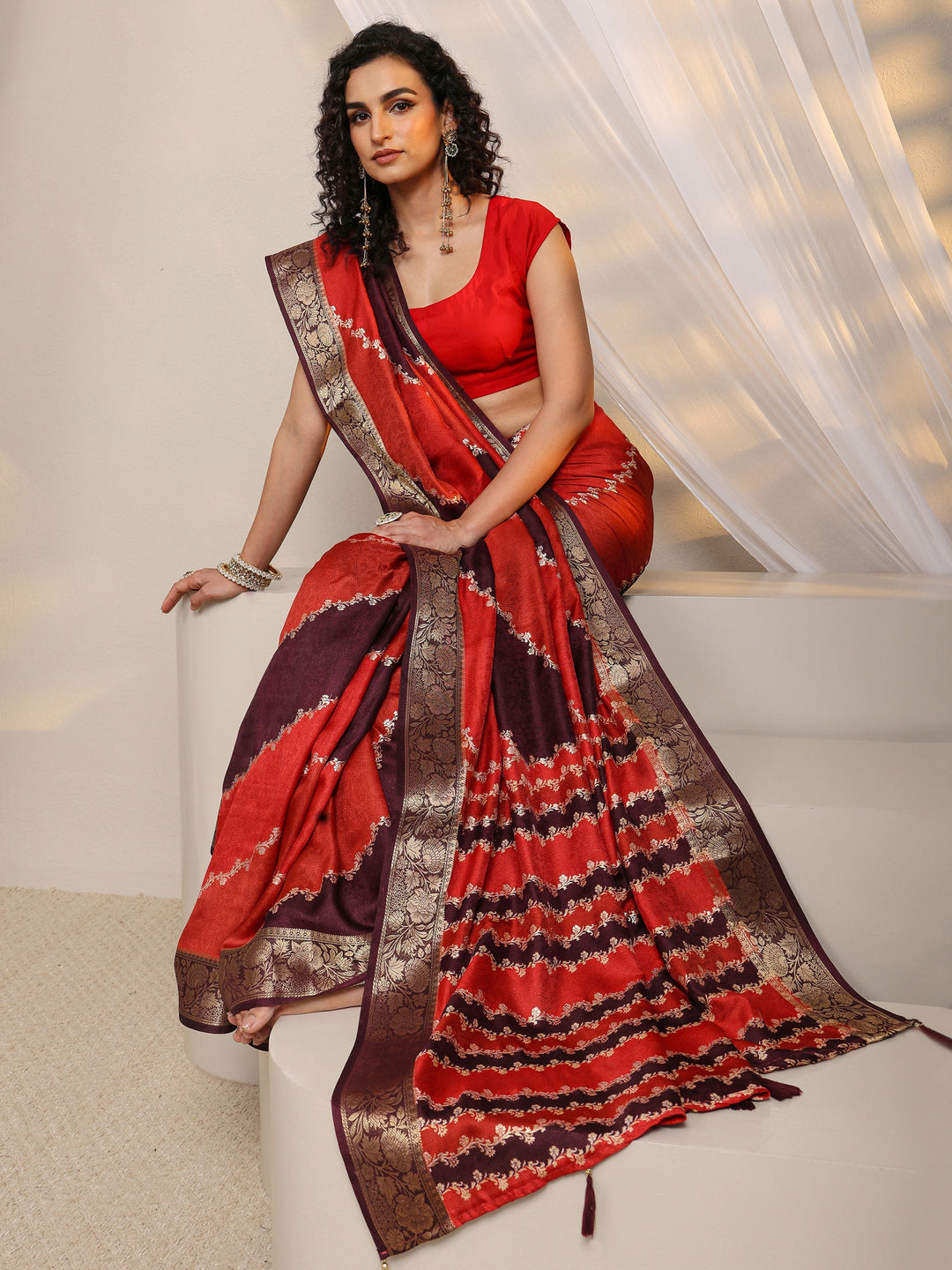  Multi-Coloured Woven Design Silk Blend Saree 
With Unstitched Blouse Piece 