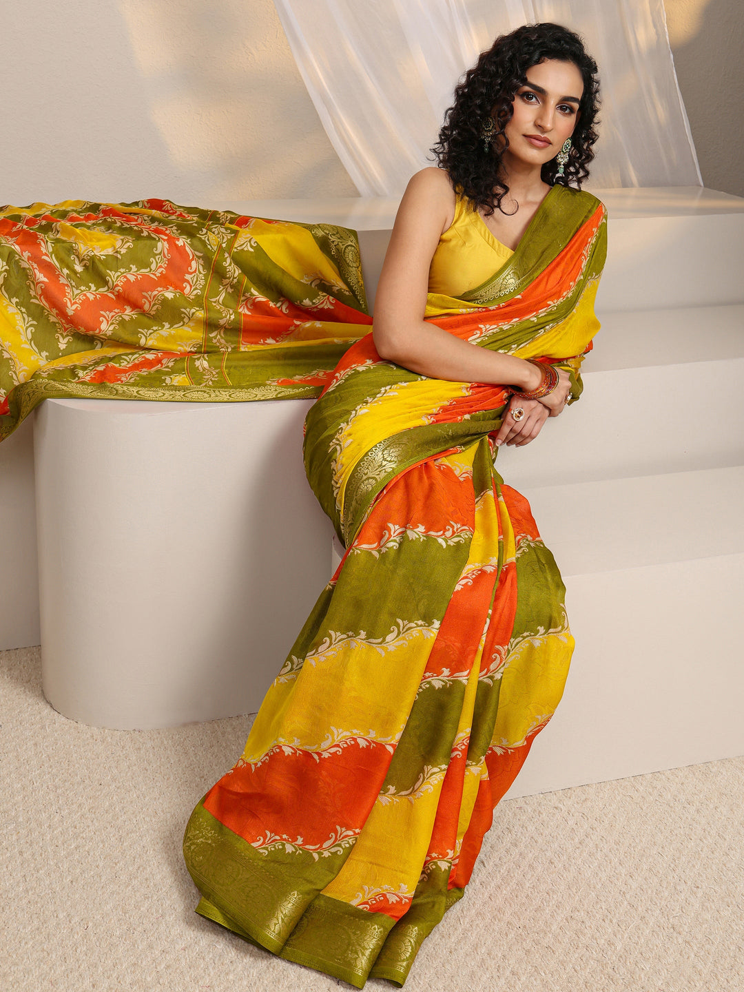 Multi-Coloured Woven Design Silk Blend Saree 
With Unstitched Blouse Piece