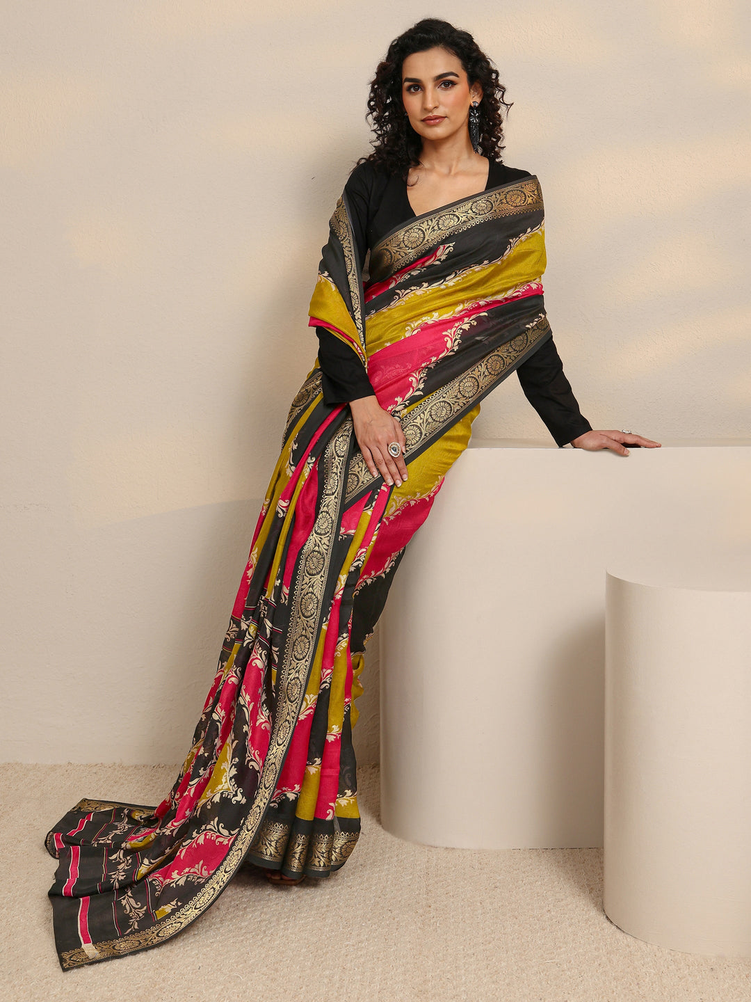 Multi-Coloured Woven Design Silk Blend Saree 
With Unstitched Blouse Piece