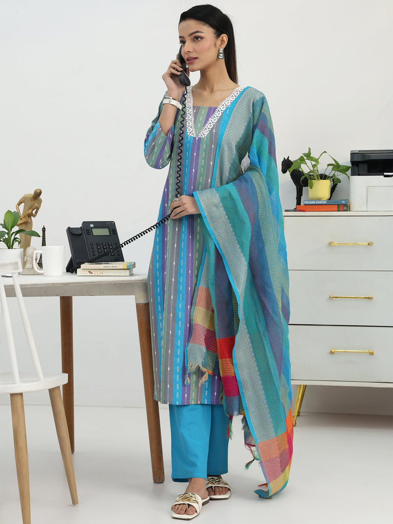 Gerua Multi Ethnic Motif Woven Design Cotton Blend Straight Suit Set With Dupatta