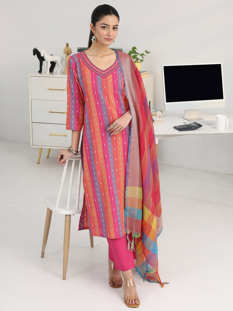 Gerua Sleek Pink Multi-Striped Cotton Blend Handloom Straight Suit Set