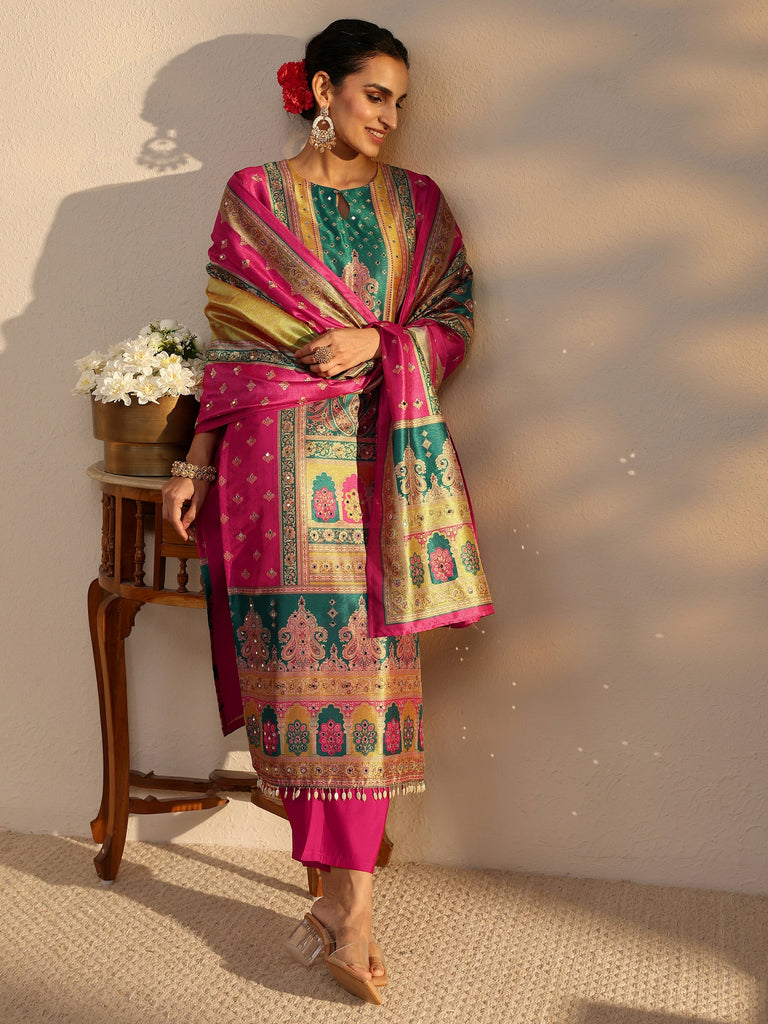 Libas Multi Ethnic Printed Silk Blend Straight Suit Set With Dupatta