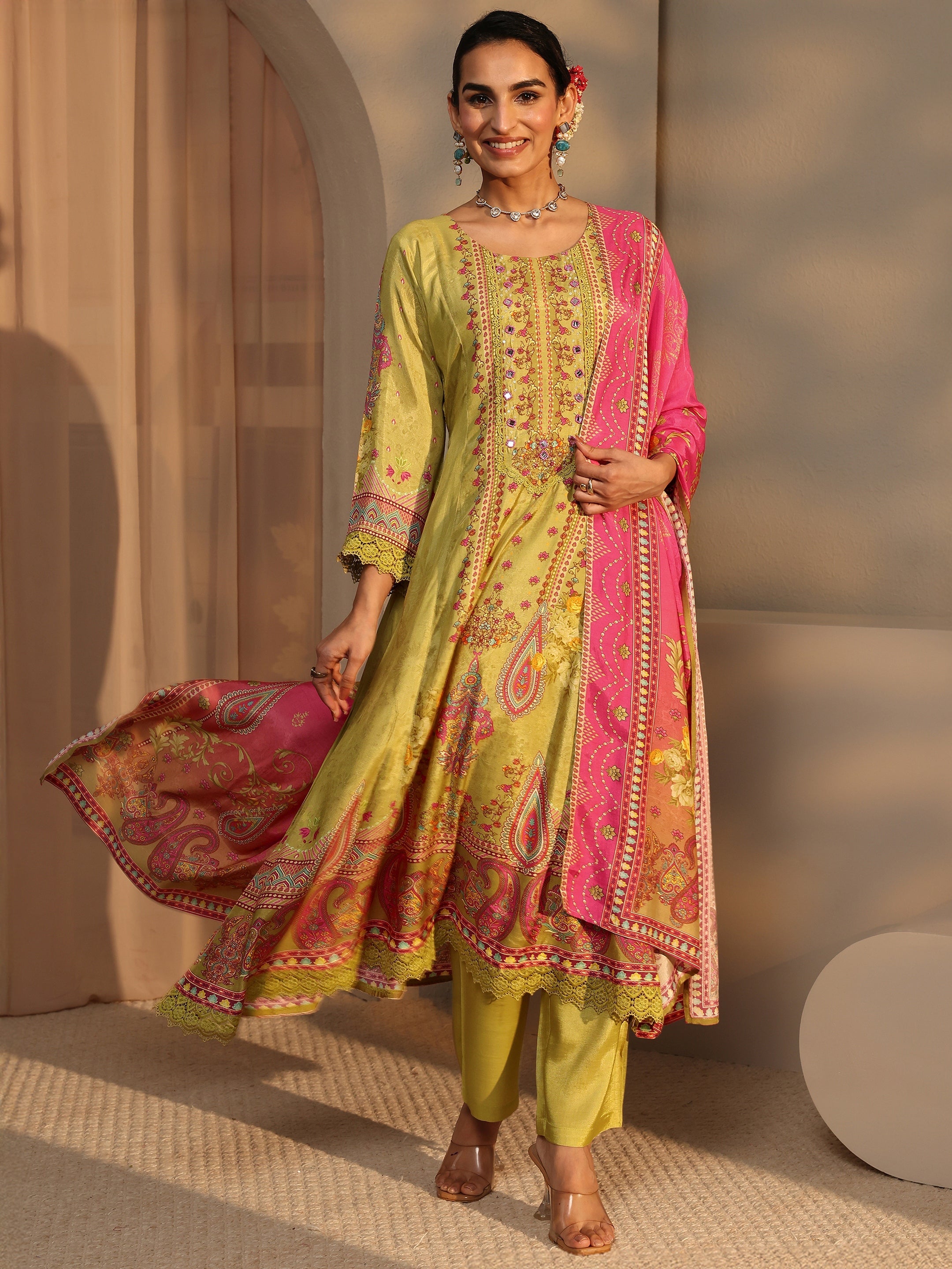 Multi Floral Muslin A-Line Suit Set With Dupatta-image-18