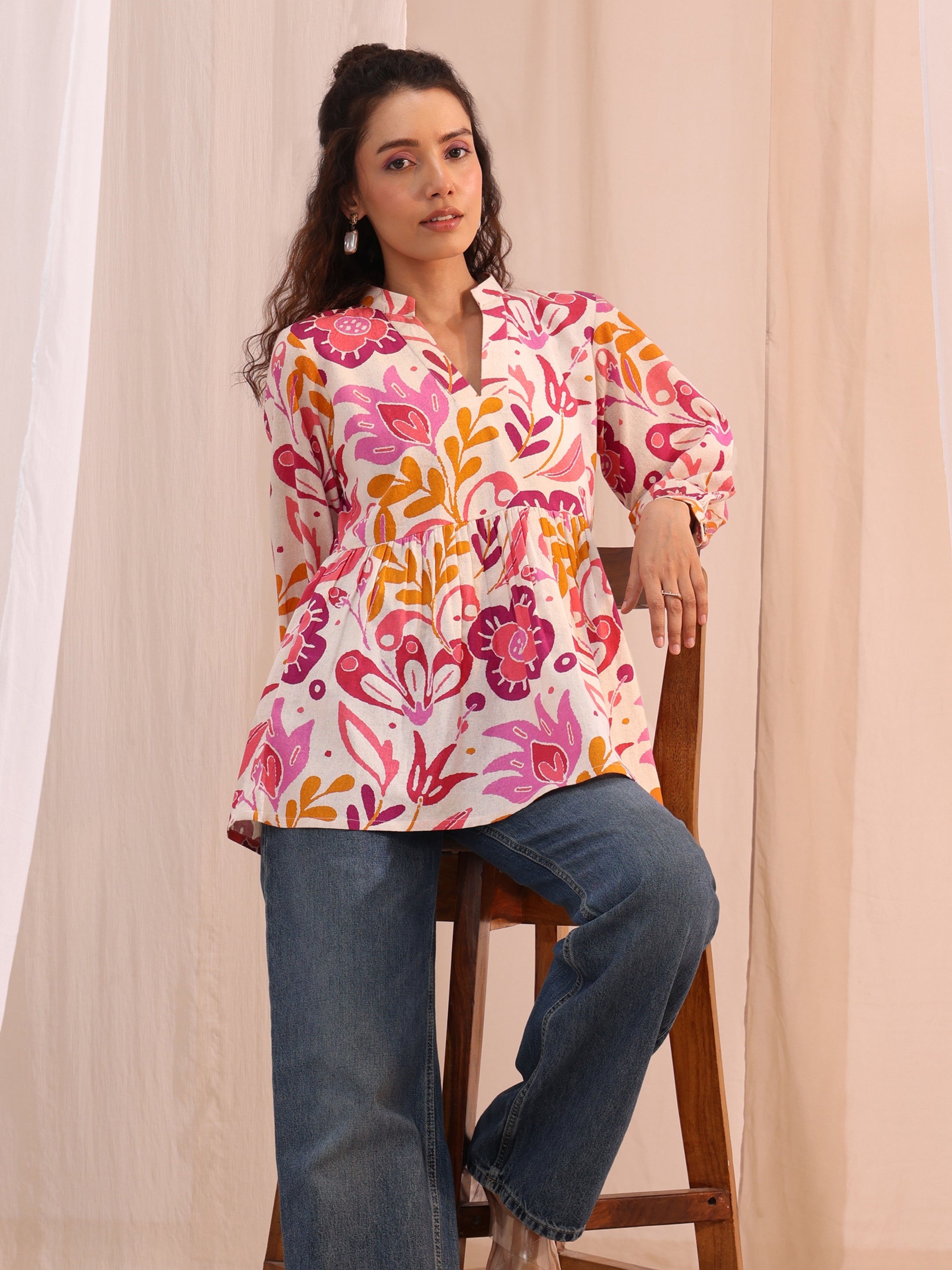 Multi Floral Printed Cotton Anarkali Short Kurti-image-10