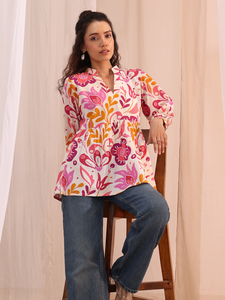 Libas Multi Floral Printed Cotton Anarkali Short Kurti