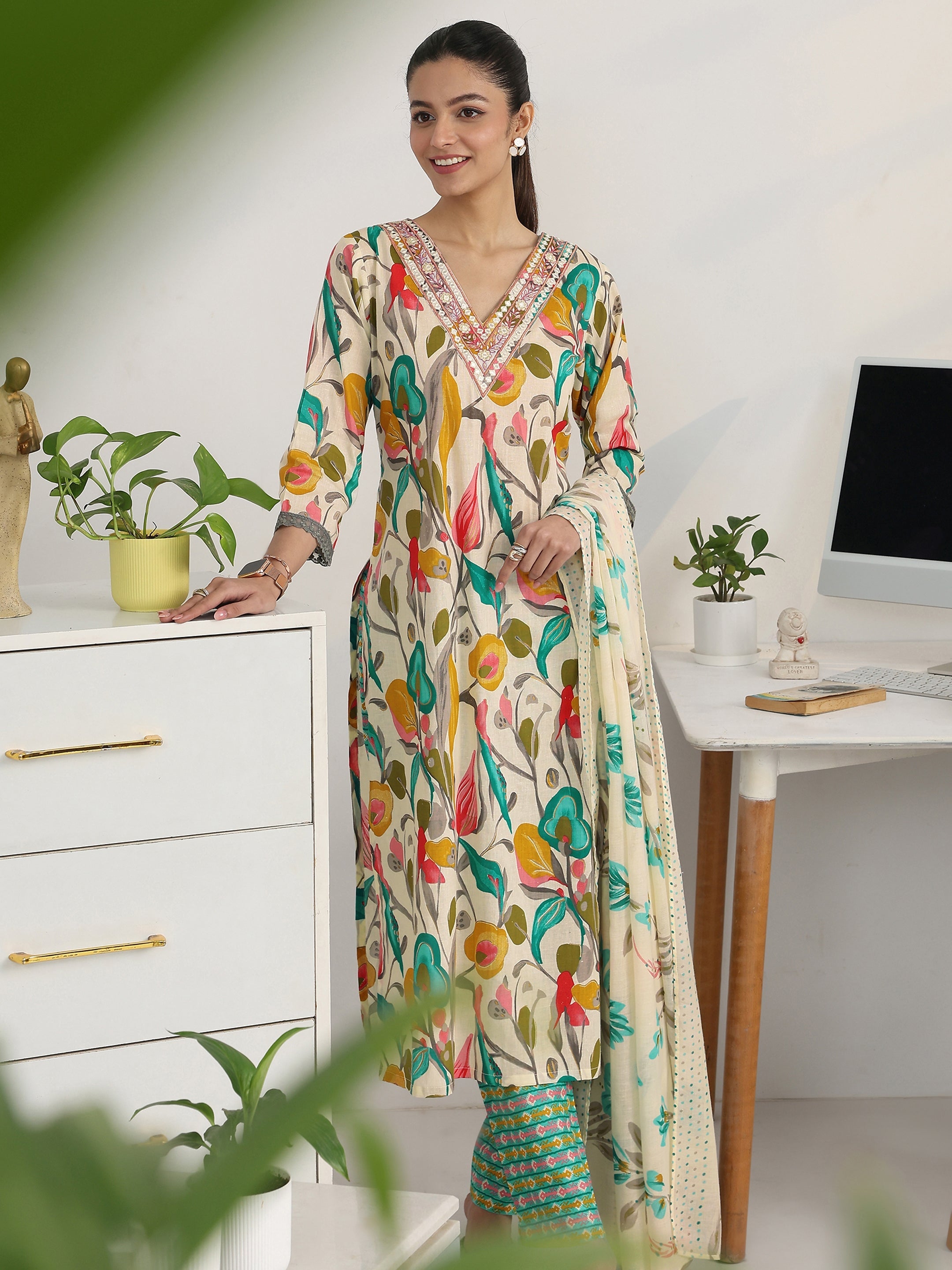 libas Multi Floral Woven Design Cotton Blend Straight Suit Set With Dupatta-picture-38