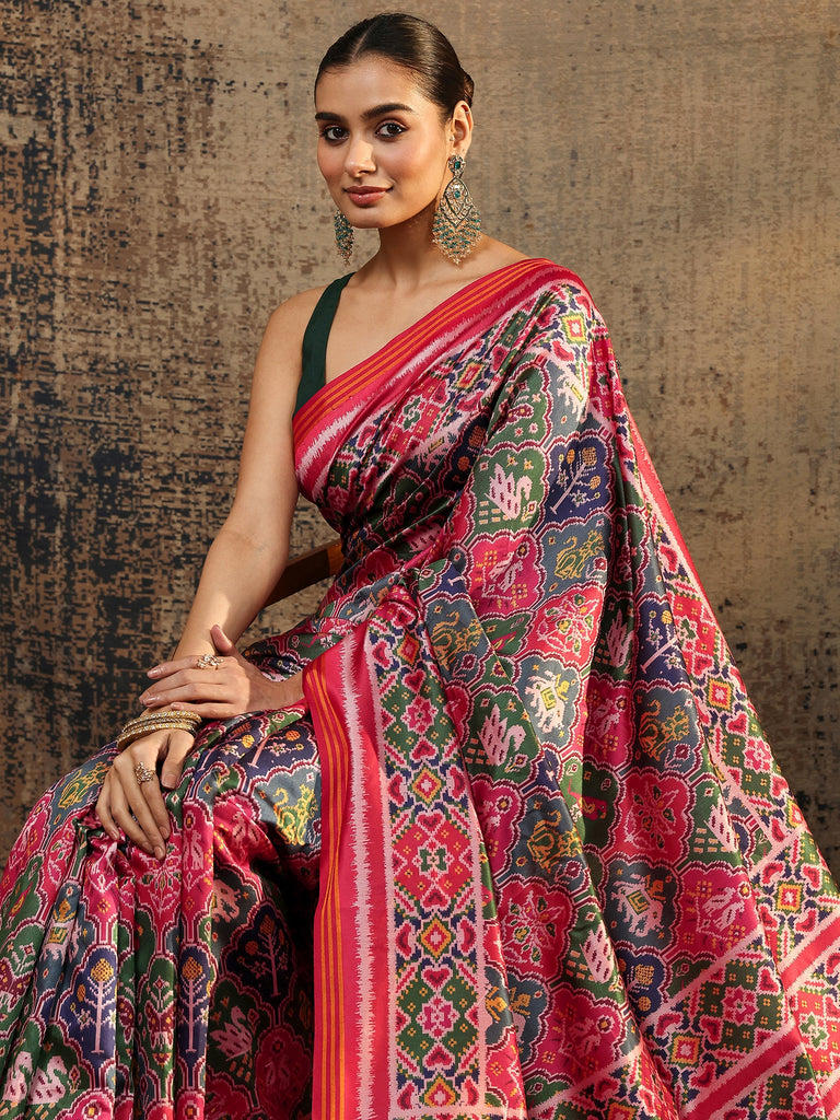 Libas Multi Ikat Printed Silk Saree With Unstitched Blouse Piece