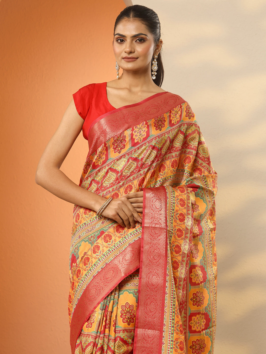  Multi Printed Silk Blend Saree With Unstitched Blouse Piece 