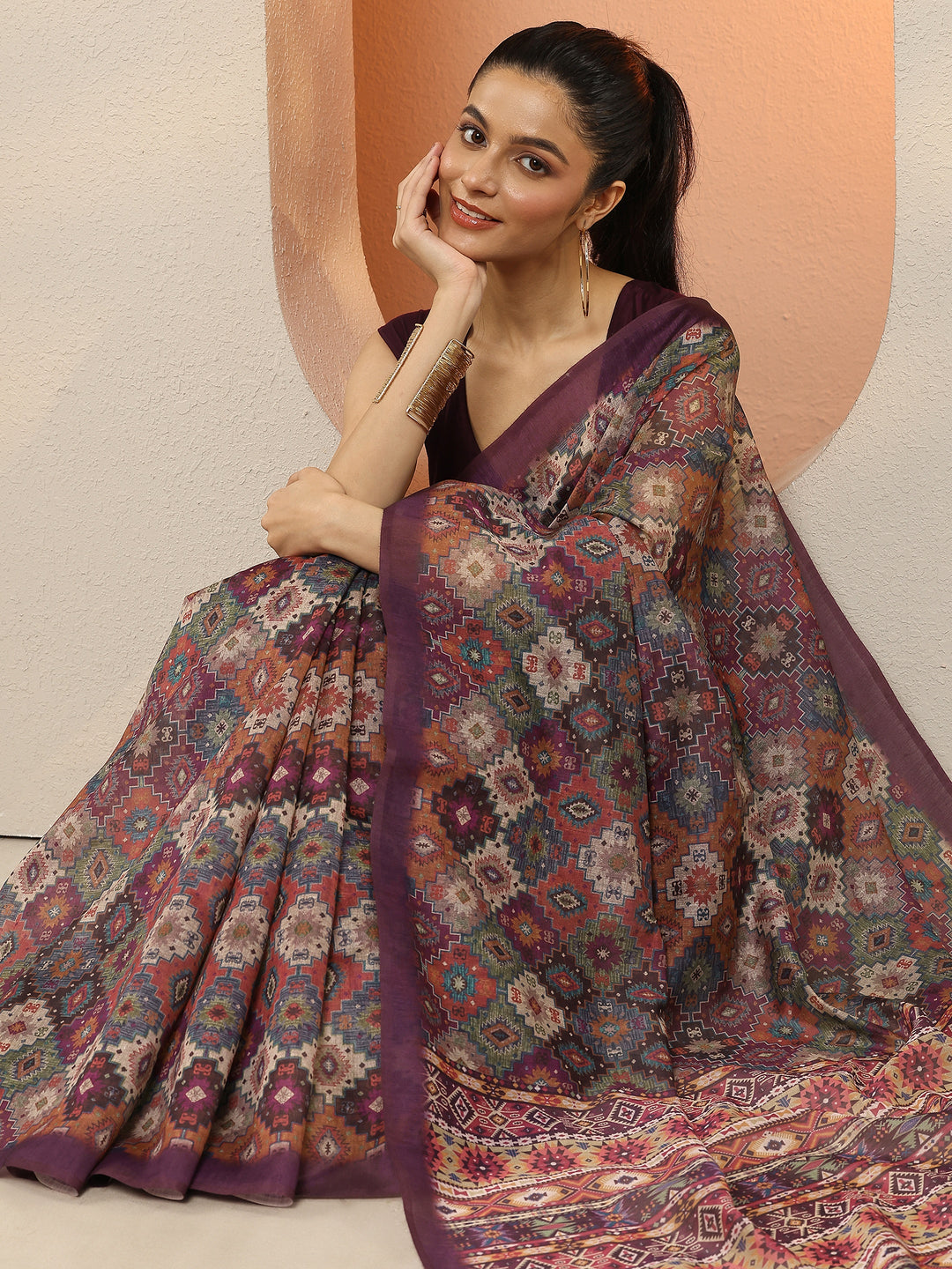 Multi Printed Silk Blend Sarees With Unstitched Blouse Piece
