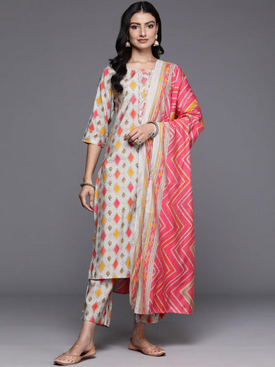 Multi Printed Silk Blend Straight Kurta With Trousers & Dupatta - Libas