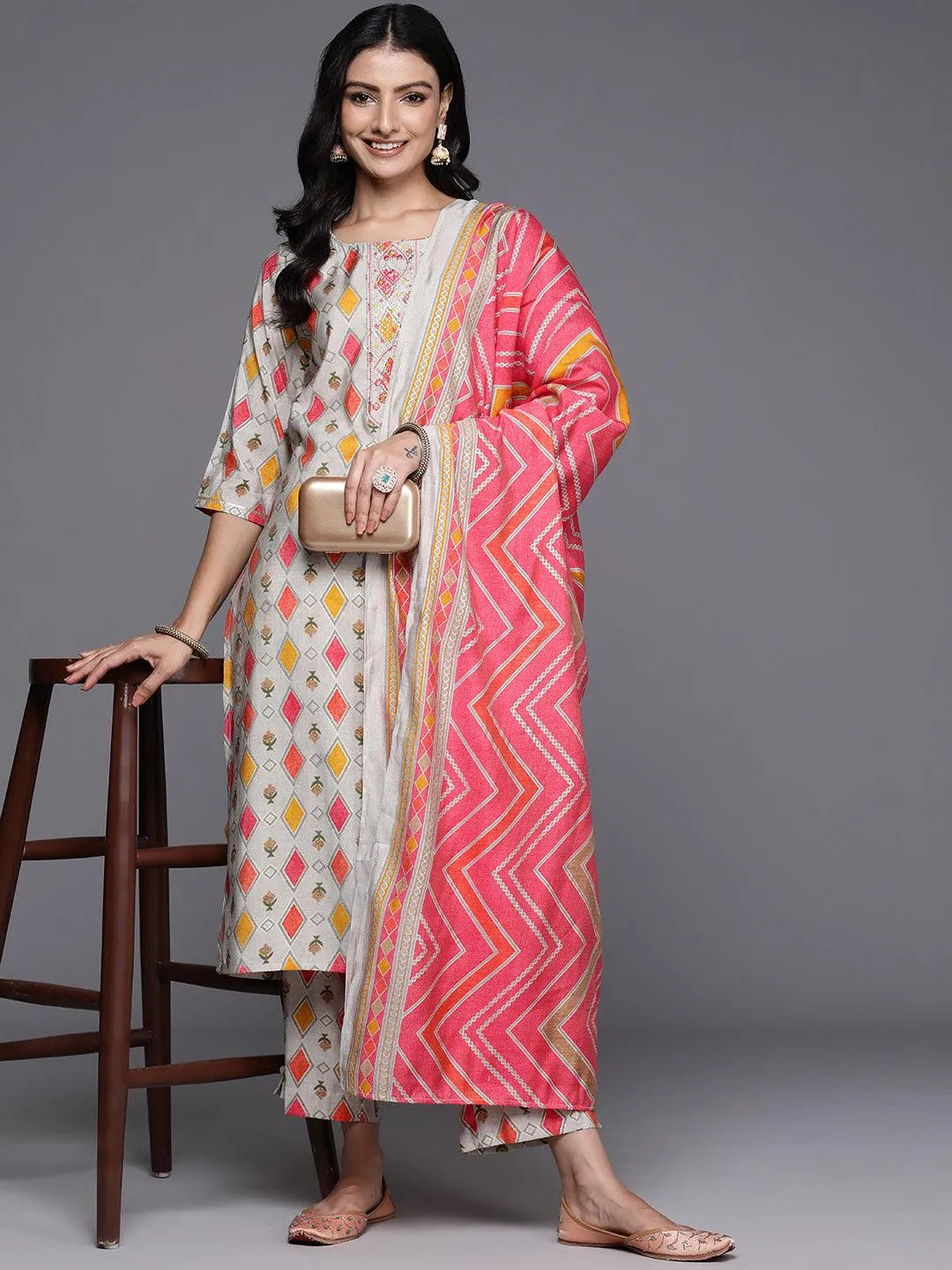 Multi Printed Silk Blend Straight Kurta With Trousers & Dupatta - Libas 