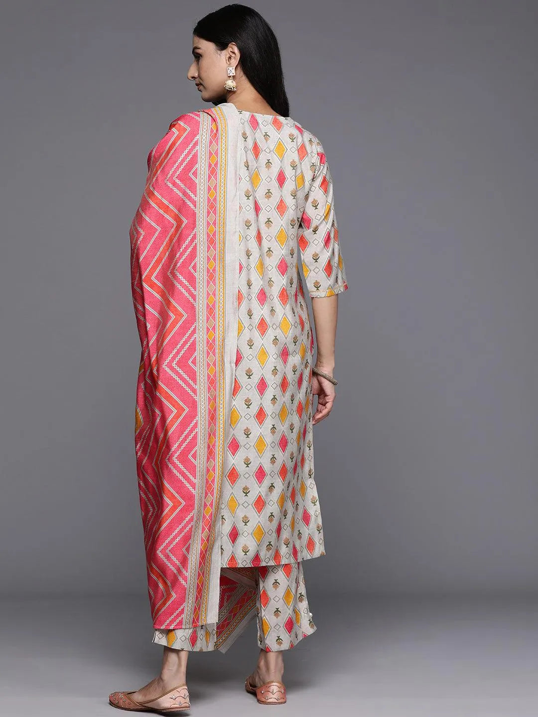 Multi Printed Silk Blend Straight Kurta With Trousers & Dupatta - Libas 