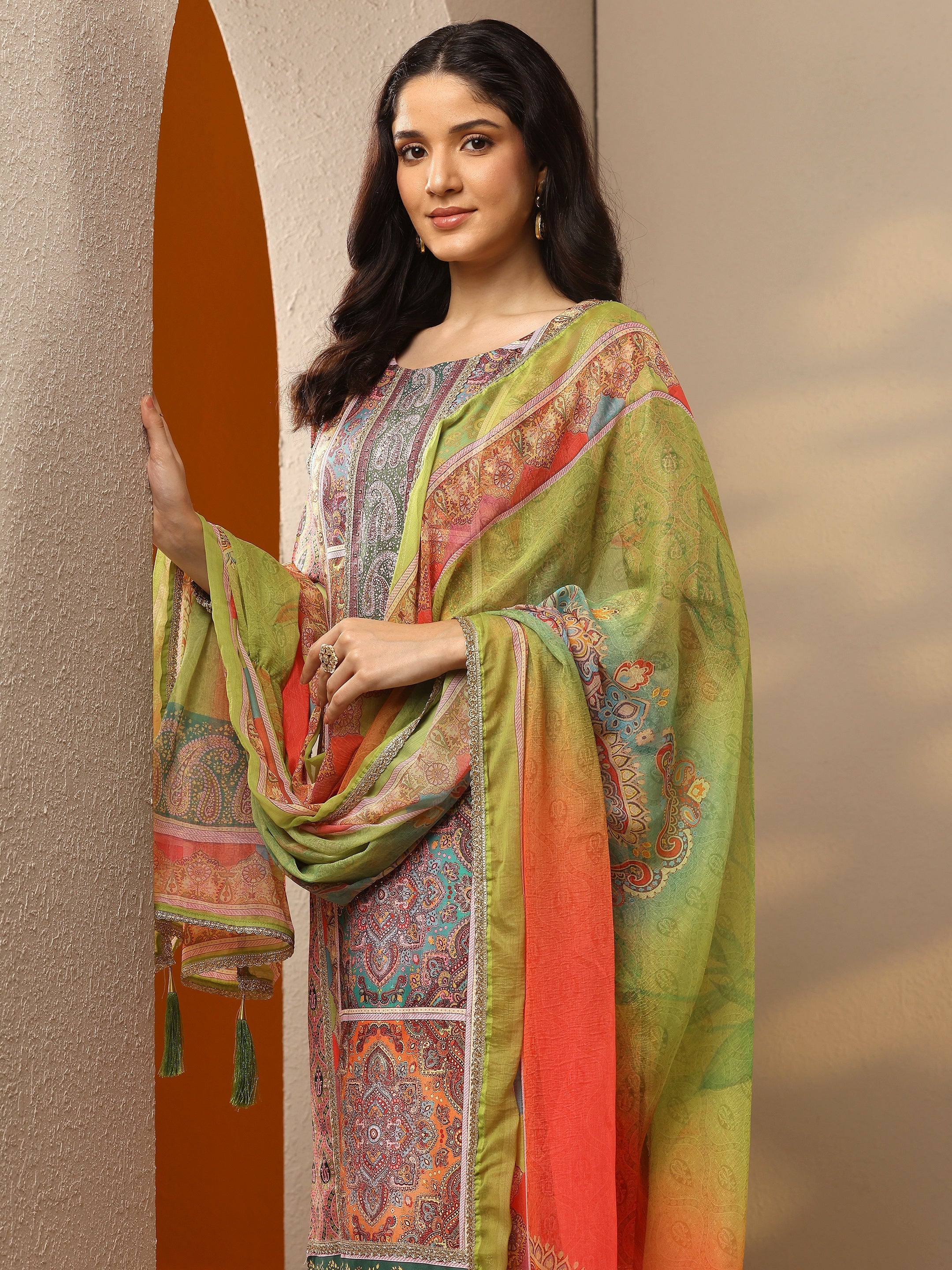 libas Multi Printed Silk Blend Straight Suit Set With Dupatta-picture-19