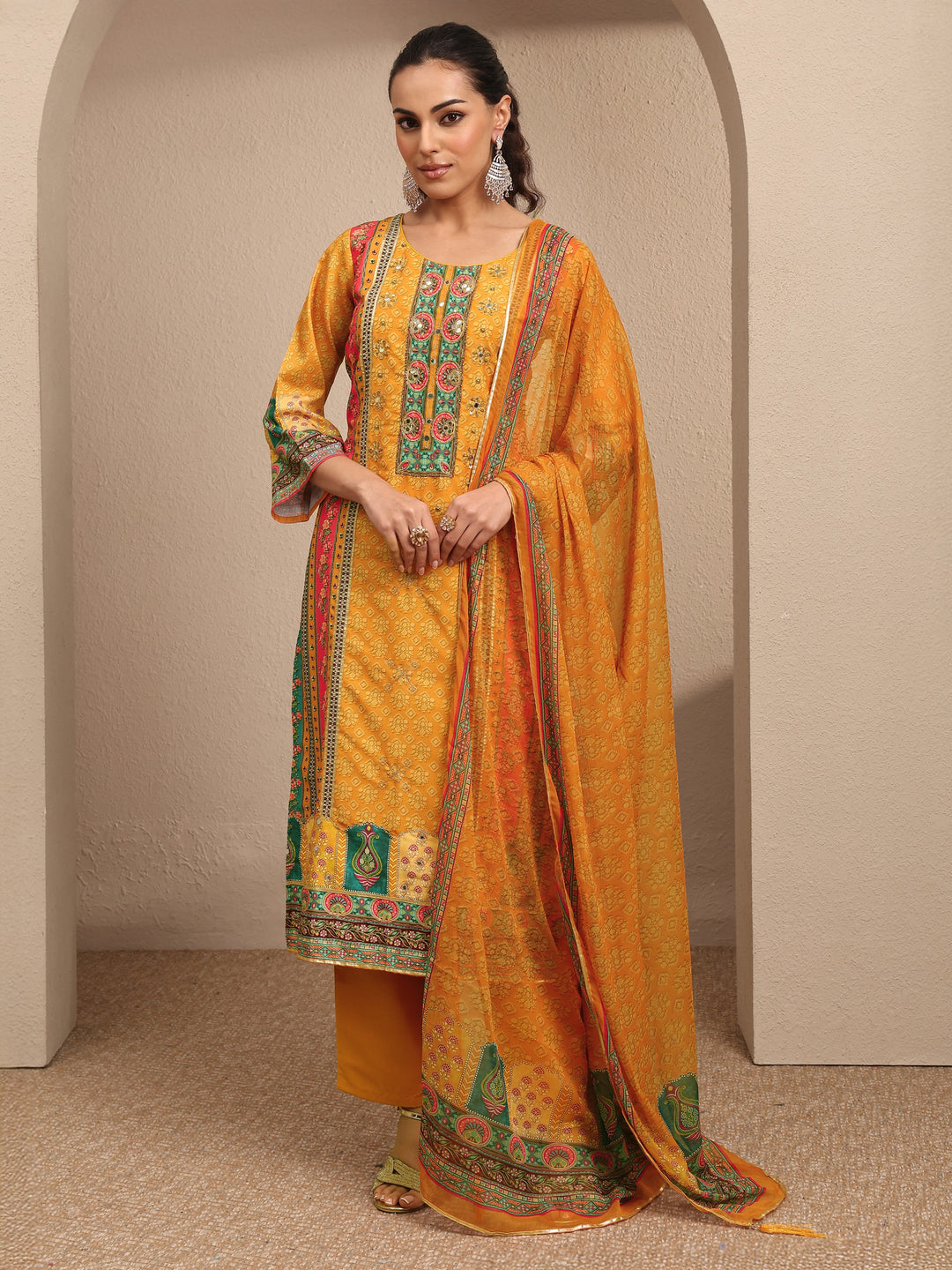  Multi Printed Silk blend Straight Suit Set With Dupatta 