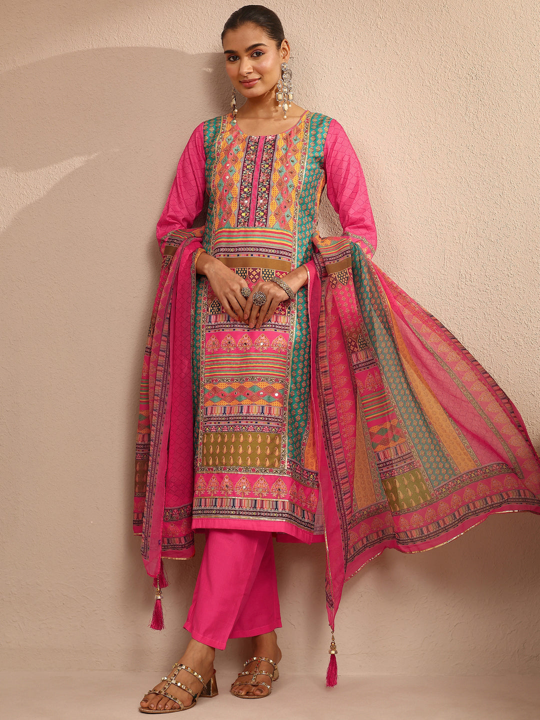 Multi Printed Silk Blend Straight Suit Set With Dupatta